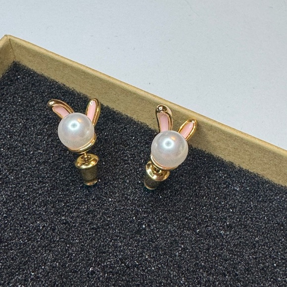 Easter Rabbit Pearl Earrings, Dainty Zircon Bunny Studs - Picture 3 of 4